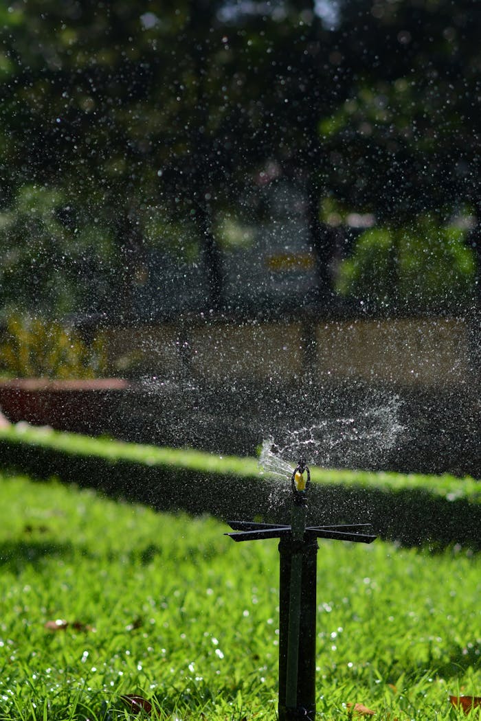 Services Vibrant garden sprinkler spraying water across lush green lawn during the day.